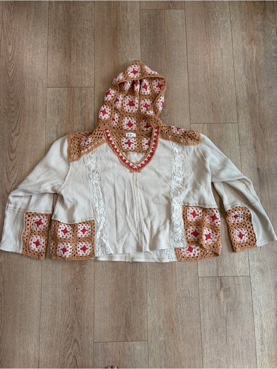 POL Tops - POL Crochet Patchwork Hoodie Top Boho Free People Style Thermal Lace Medium